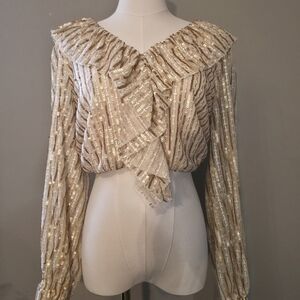 Elegant Sequin Ruffle Blouse - Gold
